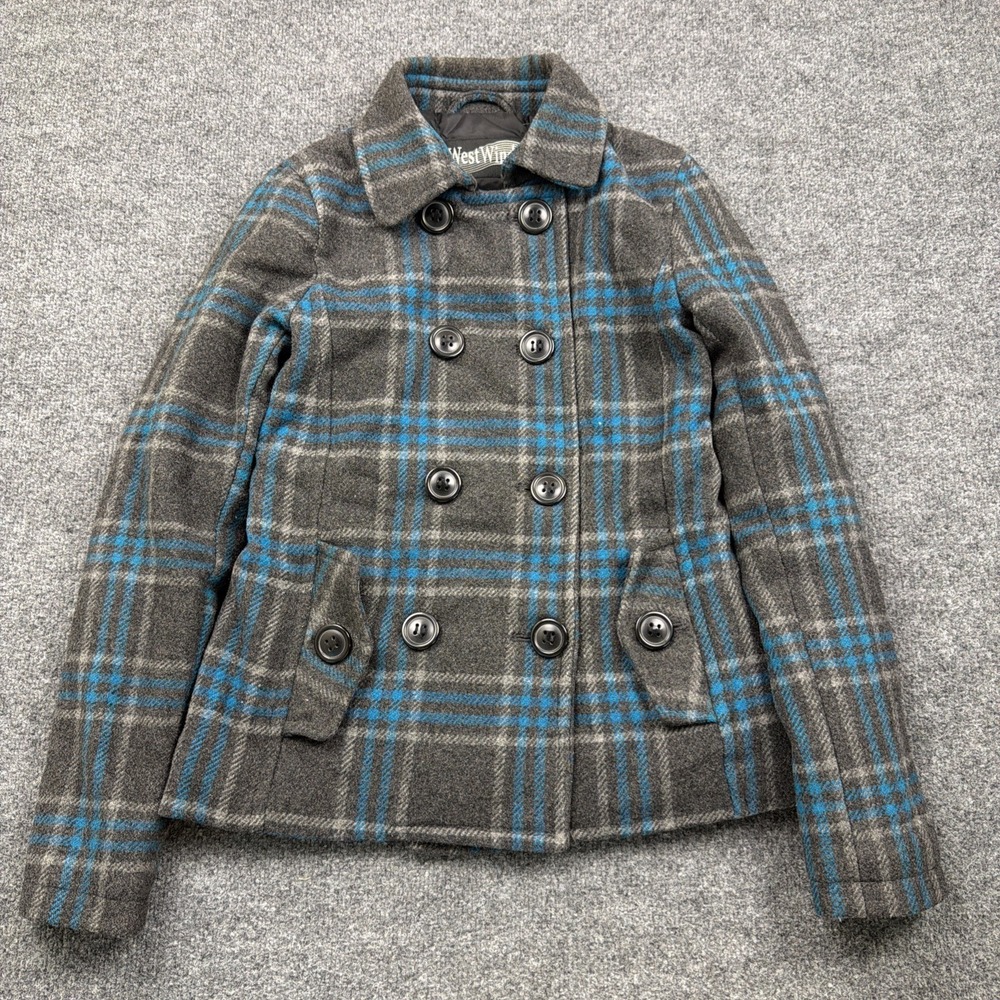Vintage West Wind‎ XS Green Plaid Jacket Peacoat Double Breasted Coat Fleece